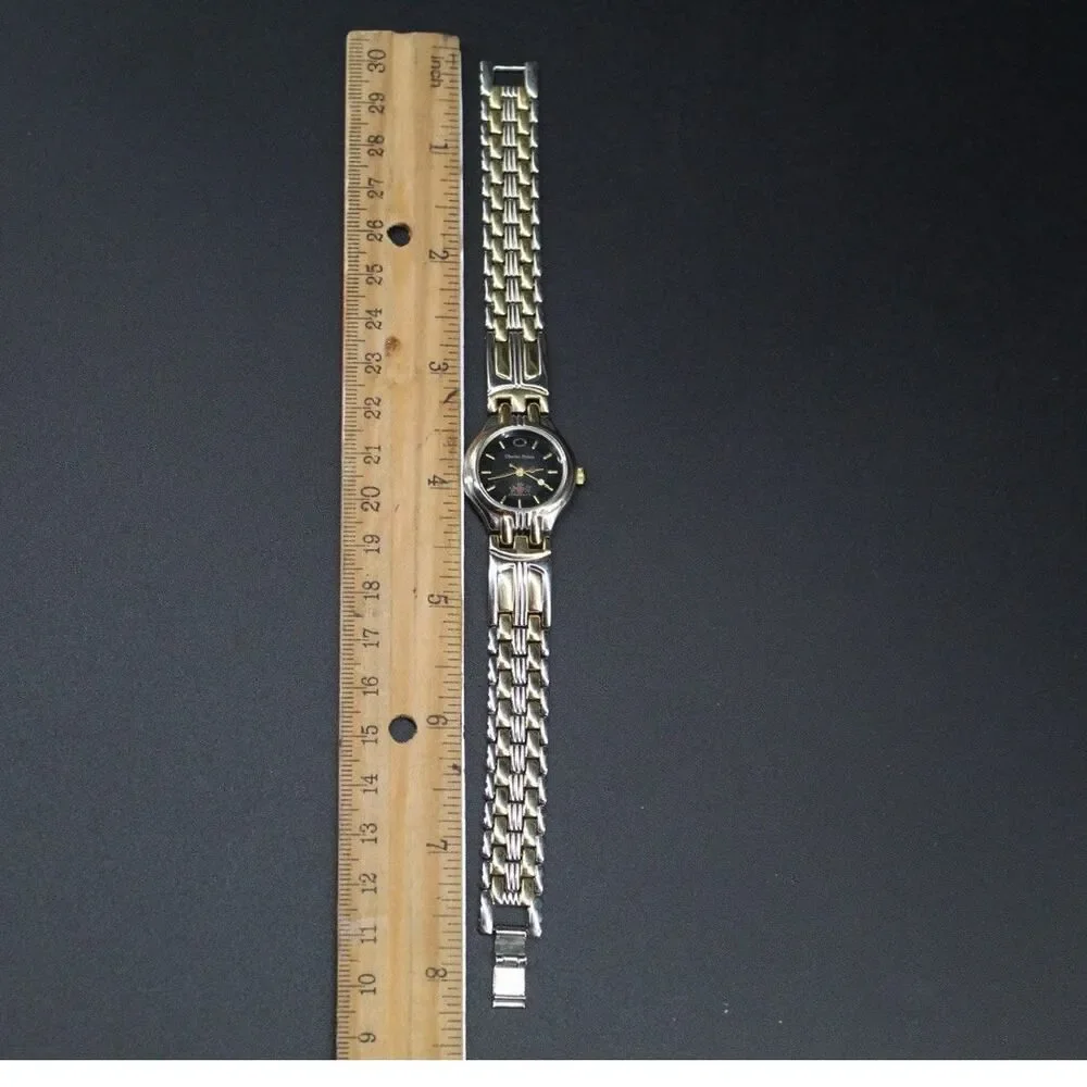 Charles Delon Black Dial Round Silver Tone Case Two Tone Band Watch New battery